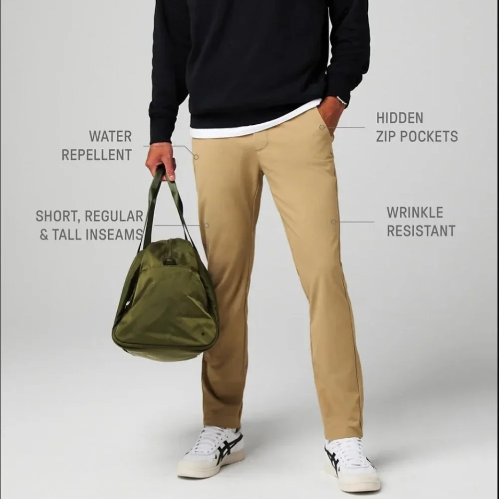 Fabletics The Don Trouser, Slim Fit, Dark Twill (Khaki), 30Wx30L, EUC
